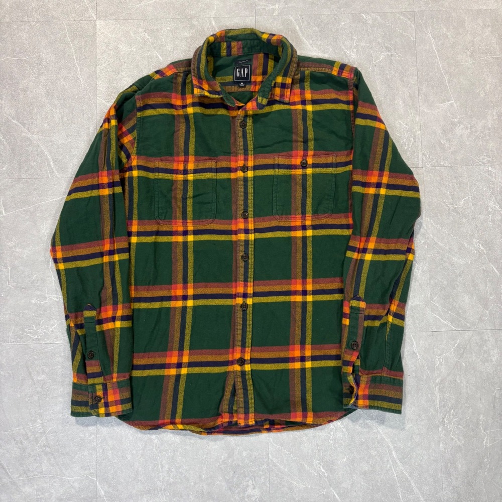 Gap Mens Green Orange Plaid Flannel Shirt Standard Fit Long Sleeve Size M 4895